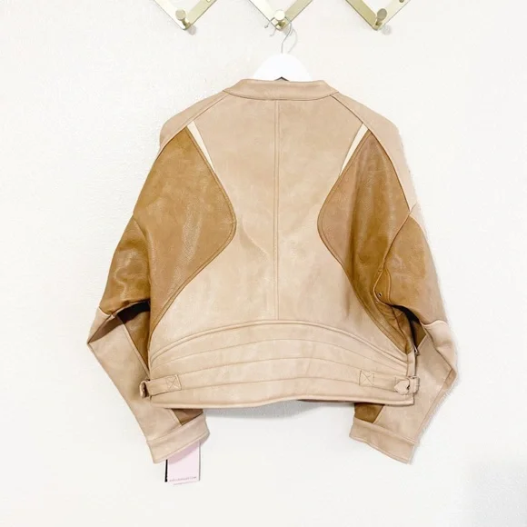 Avec Les Filles Faux Leather Racing Moto Bomber Colorblock Jacket NEW size Large - Picture 13 of 14